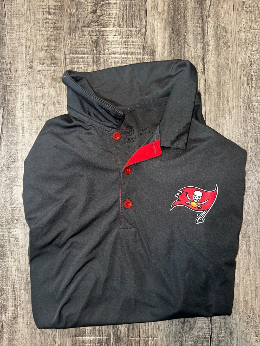 Nike Dri-FIT Tampa Bay Buccaneers Charcoal Grey Polo Red Trim Printed logo XL